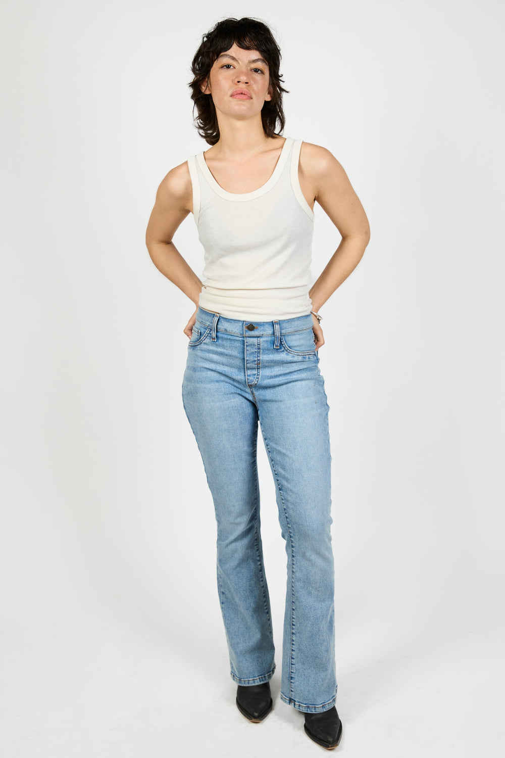 KarinaJ All Day Bootcut jeans in Arizona Sun Wash — light wash pull-on denim, front view
