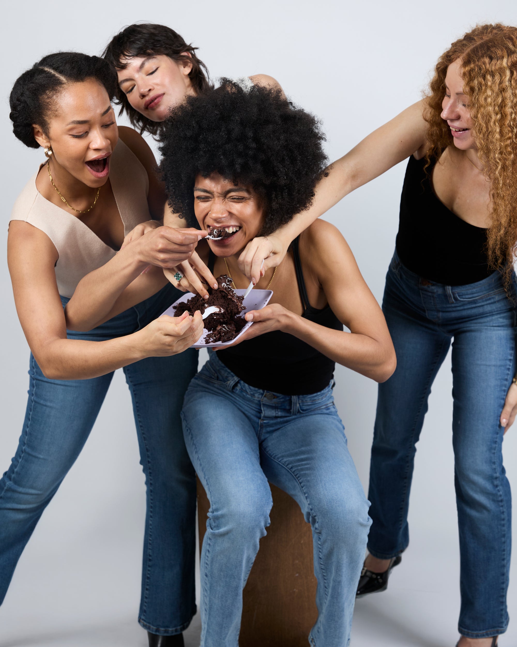 Women wearing KarinaJ Denim pull-on bootcut jeans — no zipper, no buttons, made in LA