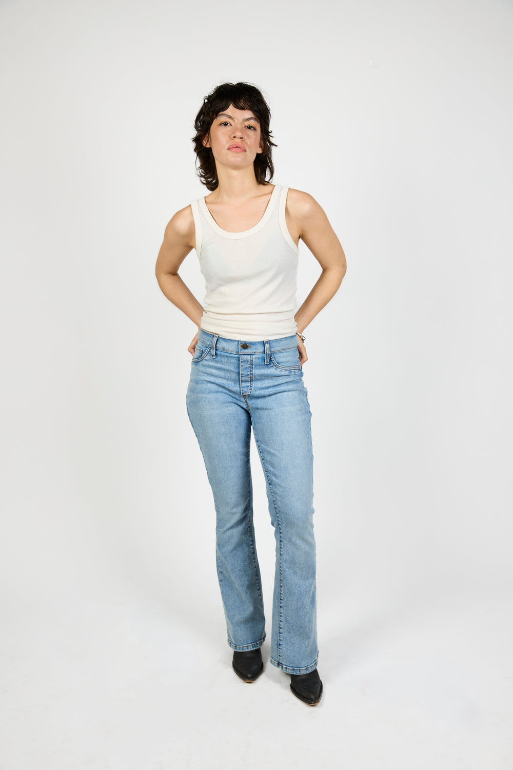 KarinaJ All Day Bootcut jeans in Arizona Sun Wash — light wash pull-on denim, front view