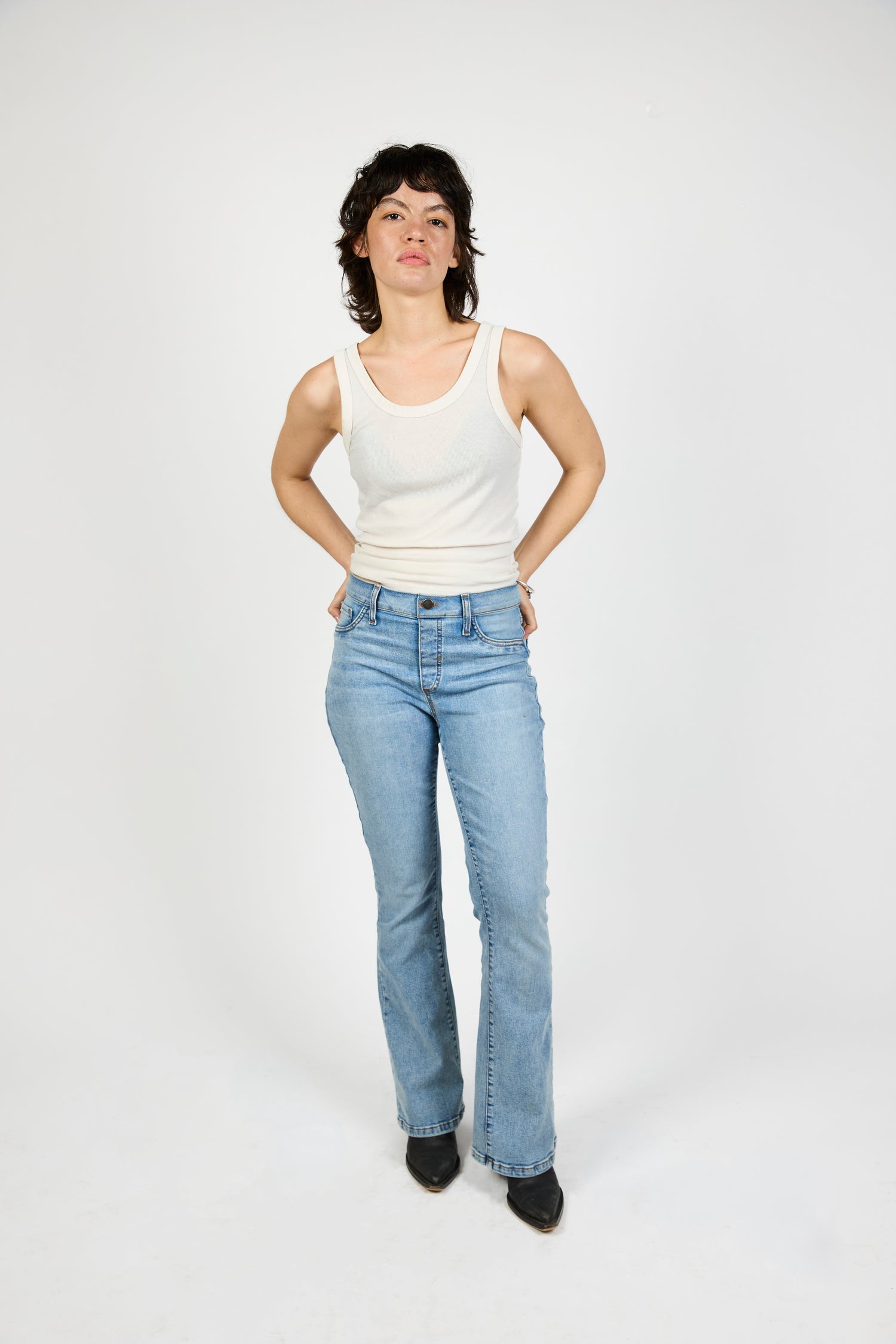 KarinaJ All Day Bootcut jeans in Arizona Sun Wash — light wash pull-on denim, front view