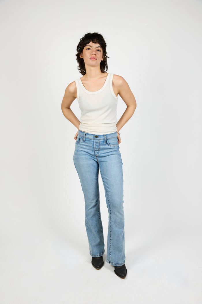 KarinaJ All Day Bootcut jeans in Arizona Sun Wash — light wash pull-on denim, front view